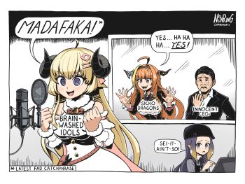1boy 3girls :d @_@ against_glass ahoge animal_ears artist_name bare_shoulders black_hair black_headwear black_jacket blonde_hair blush border bow bowtie braid clenched_hands collared_shirt commentary_request corruption curled_horns derivative_work detached_sleeves diagonal-striped_bow dragon_girl dragon_horns dress english_text fur-trimmed_sleeves fur_trim gradient_hair hair_intakes hair_ornament hairclip hand_on_glass hand_up hands_against_glass hands_up hat highres holding hololive hololive_english horn_bow horn_ornament horns jacket kelly_(style) kiryu_coco kiryu_coco_(1st_costume) long_hair meme microphone mind_control multicolored_hair multiple_girls ninomae_ina&#039;nis ninomae_ina&#039;nis_(casual) nyaring943 official_alternate_costume open_mouth orange_hair parody pointy_ears pop_filter profanity pun purple_eyes recording_studio sharp_teeth sheep_ears sheep_girl sheep_horns shirt short_hair side_braid sidelocks smile speech_bubble striped_bow tablet_pc teardrop teeth tentacle_hair the_onion tongue tsunomaki_watame tsunomaki_watame_(1st_costume) twitter_username v-shaped_eyebrows virtual_youtuber white_border white_dress white_shirt yagoo