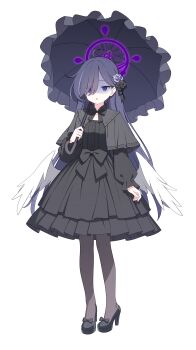 1girl absurdres ahoge arm_at_side black_bow black_bowtie black_capelet black_dress black_flower black_shoes blue_archive blue_eyes bow bowtie capelet dress eyes_visible_through_hair feathered_wings flower footwear_bow frilled_dress frilled_umbrella frills full_body gothic_lolita grey_pantyhose hair_flower hair_ornament hair_over_one_eye halo high_heels highres holding holding_umbrella jyt large_variant_set lolita_fashion long_hair long_sleeves looking_at_viewer low_wings original pantyhose parted_lips puffy_long_sleeves puffy_sleeves purple_flower purple_hair purple_halo purple_umbrella shaded_face shoes simple_background solo standing straight_hair tachi-e transparent_background umbrella variant_set white_wings wings