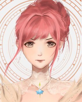 Rule 34 | 1girl, absurdres, bare shoulders, brown eyes, chinese commentary, circle, clothing cutout, collar, commentary request, detached collar, determined, dress, earrings, eyelashes, eyeshadow, feather-trimmed dress, hair bun, high collar, highres, infinity nikki, jewelry, lace collar, light blush, lipstick, makeup, melody bloom (infinity nikki), nikki (nikki), nikki (series), no headwear, nostrils, parted lips, pink eyeshadow, pink hair, pink lips, short hair with long locks, shoulder cutout, single hair bun, solo, straight-on, textless version, updo, upper body, vera4012, white background, white collar, white dress