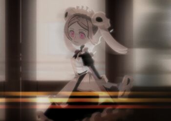 1girl apron arms_behind_back bloody_marie_(skullgirls) blurry dress fire frilled_apron frilled_dress frills grey_hair hair_ornament half-closed_eyes juliet_sleeves kuroirozuki long_sleeves looking_at_viewer maid_headdress motion_blur open_mouth puffy_sleeves red_eyes see-through_apron see-through_clothes skull_hair_ornament skullgirls smile solo standing twintails vacuum_cleaner