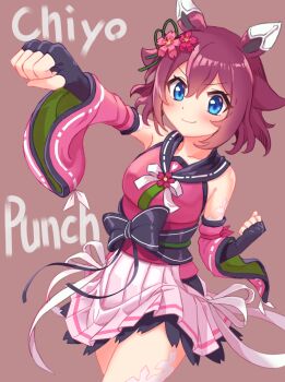 1girl animal_ears bare_shoulders black_bow black_gloves blue_eyes blush bow breasts brown_background character_name clenched_hands closed_mouth collarbone commentary_request cowboy_shot detached_sleeves dot_nose dress english_text eyelashes fingerless_gloves flower gloves hair_between_eyes hair_flower hair_ornament hand_up highres horse_ears horse_girl looking_to_the_side medium_breasts medium_hair mochihuman neck_ribbon pink_dress pink_skirt pink_sleeves pleated_skirt purple_hair ribbon sakura_chiyono_o_(hinoshita_kaisan_hana_akari)_(umamusume) sakura_chiyono_o_(umamusume) sidelocks skirt smile solo umamusume white_ribbon wide_sleeves