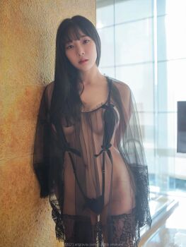 1girl absurdres asian bikini black_eyes black_hair breasts cleavage dress highres indoors korean lace large_breasts long_hair looking_at_viewer micro_bikini monokini navel patterned_clothing photo_(medium) ribbon see-through_clothes solo stomach swimsuit tagme thighs transparent