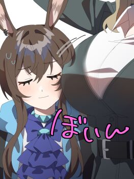 2girls amiya_(arknights) animal_ears arknights belt blush breasts brown_hair height_difference highres kitaku_(ienikaeru) large_breasts limbus_company multiple_girls project_moon rabbit_ears rabbit_girl rodion_(project_moon) sweatdrop