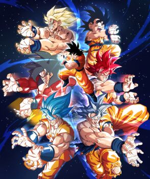 6+boys absurdres artist_collaboration black_eyes black_hair blonde_hair blue_boots blue_eyes blue_hair boots clenched_teeth commentary dougi dragon_ball dragon_ball_(classic) dragon_ball_gt dragon_ball_super dragonball_z eegiiartto green_eyes grey_eyes grey_hair gusceps highres kamehameha_(dragon_ball) kyrkis male_focus multiple_boys multiple_persona muscular muscular_male nachairo open_mouth red_eyes red_fur red_hair reksarts smile son_goku srojam super_saiyan super_saiyan_1 super_saiyan_4 super_saiyan_blue super_saiyan_god teeth torn_clothes ultra_instinct wristband zenzosp