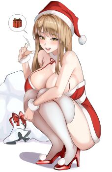1girl :d absurdres bare_arms bare_shoulders blush bow breasts brown_hair collar commentary dress emma_(color_me_red)_(nikke) emma_(nikke) full_body fur-trimmed_dress fur-trimmed_headwear fur_collar fur_trim fur_wrist_cuffs goddess_of_victory:_nikke halter_dress halterneck hand_up hat high_heels highres huge_breasts kopepan_(kopepann11) long_hair looking_at_viewer motion_lines neck_ribbon official_alternate_costume open_mouth pom_pom_(clothes) pumps red_bow red_dress red_hat red_ribbon red_shoes ribbon sack santa_costume santa_dress santa_hat shoes short_dress simple_background smile solo speech_bubble spoken_object squatting thighhighs white_background white_collar white_thighhighs wrist_cuffs yellow_eyes