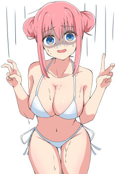 1girl absurdres bocchi_the_rock! breasts cleavage commentary_request cowboy_shot double_bun double_v gloom_(symbol) gluteal_fold gotoh_hitori hair_bun highres large_breasts looking_at_viewer pink_hair short_hair_with_long_locks simple_background solo stomach urishima v wet white_background