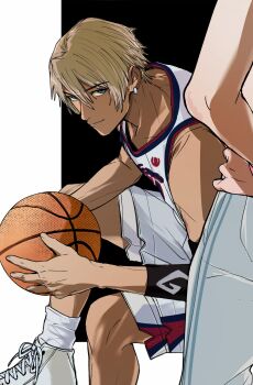 1girl ace_attorney aged_down alternate_costume amikoiiko ankle_socks apollo_justice:_ace_attorney ball basketball_(object) basketball_jersey basketball_shorts basketball_uniform black_background black_sleeves blonde_hair blue_eyes blue_trim calves closed_mouth collarbone cross-laced_shoes dark-skinned_male dark_skin deltoids earrings elbow_sleeve ema_skye fingernails foot_out_of_frame from_behind hand_on_own_hip high_tops highres holding holding_ball initial jewelry klavier_gavin light_smile male_focus mismatched_eyebrows pants pocket red_trim shirt shoes short_hair shorts simple_background single_earring single_sleeve sitting sleeveless sleeveless_shirt sneakers socks sportswear track_pants two-tone_background white_background white_jersey white_pants white_shoes white_shorts