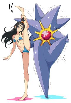 1girl absurdres bare_shoulders bikini black_hair blue_bikini blush breasts closed_mouth collarbone colored_skin cube_hair_ornament earclip eggman_(ni_tamagoex) gem gen_1_pokemon grey_eyes hair_ornament highres holding_own_leg lida_(pokemon) long_hair medium_breasts mega_pokemon mega_starmie navel nintendo no_eyes pokemon pokemon_(creature) pokemon_legends:_z-a purple_skin red_gemstone split standing standing_on_one_leg standing_split starfish starmie stomach struggling sweat swimsuit topknot wispy_bangs