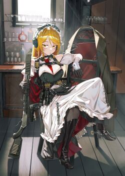1girl absurdres apron bare_shoulders between_breasts black_boots black_dress black_gloves blonde_hair boots bottle breasts brown_eyes brown_pantyhose chair commentary_request cup day dress drinking_glass flashbang frilled_apron frills gloves grey_jacket gun highres holding holding_gun holding_weapon indoors jack_daniel's jacket large_breasts long_hair looking_at_viewer maid mouth_hold natori_youkai necktie necktie_between_breasts on_chair original pantyhose puffy_short_sleeves puffy_sleeves red_necktie scar scar_across_eye scar_on_face short_sleeves shotgun solo sunlight unworn_jacket weapon weapon_request white_apron window wine_glass wooden_floor
