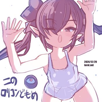 1girl ;o backbeako_(torotei) backbeard black_hair black_ribbon blush commentary_request cowboy_shot dated dated_commentary eyes_visible_through_hair gegege_no_kitarou hair_over_one_eye hair_ribbon half-closed_eye hands_up kono_lolicon_domome leaning_forward loli long_hair looking_at_viewer one-piece_swimsuit one_eye_closed open_mouth original paid_reward_available pointy_ears red_eyes ribbon school_swimsuit simple_background solo swimsuit torotei translated twintails watermark web_address white_background white_one-piece_swimsuit