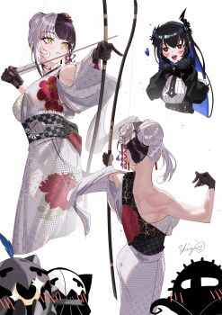 Rule 34 | 2girls, absurdres, archery, arrow (projectile), black hair, black kimono, blue hair, blush, blush stickers, bow (weapon), chest sarashi, colored inner hair, commentary request, drawing bow, floral print, floral print kimono, gloves, grey hair, hair bun, heart, highres, holding, holding bow (weapon), holding weapon, hololive, hololive english, japanese clothes, kimono, lace, lace gloves, massiveyog, multicolored hair, multiple girls, nerissa ravencroft, nerissa ravencroft (1st costume), novelites (shiori novella), official alternate costume, official alternate hairstyle, print kimono, red eyes, sarashi, shiori novella, shiori novella (new year), split-color hair, two-tone hair, virtual youtuber, weapon, white background, white kimono, yellow eyes, yumi (bow)