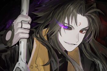 1boy black_hair black_sclera colored_sclera dark_background droopy_ears evil_grin evil_smile eye_trail facial_mark forehead_mark grin hair_intakes hashtag-only_commentary heterochromia highres holding holding_sword holding_weapon light_trail long_hair looking_at_viewer male_focus nongxy_nonshi orange_vest parted_bangs portrait purple_eyes red_eyes smile solo sword transformation vest weapon ye_shiyuan zenless_zone_zero