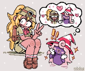 ! !! 2girls animated animated_gif artist_name backpack bag blinking blonde_hair blush_stickers brown_hat brown_shoes brown_shorts colored_skin fang gloves goombella grey_background hat highres looking_at_viewer mario_(series) multiple_girls nintendo paper_mario paper_mario:_the_thousand-year_door pink_hair pink_skin pixel_art ponytail purple_skin red_hair robdog_(darobrobber) shoes shorts sitting smile sparkle speech_bubble striped_hat thick_eyebrows thought_bubble triangle_mouth v vivian_(paper_mario) white_gloves wizard_hat