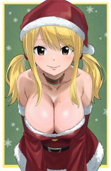 1girl blonde_hair breasts brown_eyes choker christmas cleavage detached_sleeves dress fairy_tail fur-trimmed_dress fur-trimmed_headwear fur-trimmed_sleeves fur_trim gaston18 green_choker hat highres large_breasts long_hair looking_at_viewer lucy_heartfilia red_choker red_dress red_hat red_sleeves santa_costume santa_dress santa_hat short_twintails snowflakes solo strapless strapless_dress twintails two-tone_choker