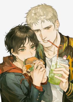 2boys absurdres bendy_straw black_jacket blonde_hair brown_eyes brown_hair burger cup drinking_straw eating eren_yeager food food_in_mouth food_on_face furrowed_brow green_eyes grey_jacket hashtag-only_commentary highres holding holding_burger holding_cup holding_food hood hood_down hoodie jacket jacket_over_hoodie kazami_1869 male_focus multiple_boys my_melody red_hoodie reiner_braun shingeki_no_kyojin shirt short_hair upper_body white_background white_shirt