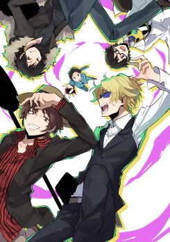 1girl 5boys anger_vein angry ball belt black_hair blonde_hair brown_belt brown_eyes brown_hair cellphone celty_sturluson coat commentary_request durarara!! glasses grin hand_up hat heiwajima_shizuo highres kishitani_shinra lab_coat male_focus multiple_boys open_mouth orihara_izaya pa_yashi phone rokujou_chikage ryuugamine_mikado shirt simple_background sly smartphone smile soccer_ball striped_clothes striped_shirt sunglasses surprised teeth tongue tongue_out upside-down veins vest
