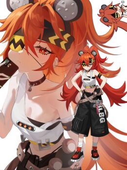 1girl absurdres anger_vein animal_ear_hairband animal_ears bad_source baggy_pants bare_shoulders bear_ears belt black_choker black_headband black_panties black_pants black_shoes black_shorts black_sports_bra breasts chibi choker cleavage closed_mouth collarbone crop_top eyepatch fake_animal_ears full_body gloves green_nails hair_between_eyes hairband half-closed_eyes hand_up hands_on_own_hips headband highleg highleg_panties highres holding holding_phone koleda_belobog light_blush loli long_hair looking_at_viewer midriff min999999 multiple_belts multiple_views nail_polish navel off_shoulder orange_hair panties pants phone ponytail pouch red_eyes red_hair sharp_teeth shirt shoes shorts simple_background small_breasts socks solo sports_bra standing strap_slip stuffed_animal stuffed_toy teddy_bear teeth twintails underwear very_long_hair white_background white_shirt white_socks zenless_zone_zero