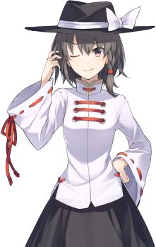 1girl artist_request black_hat black_skirt bow braid breasts brown_eyes closed_mouth game_cg hat hat_bow labyrinth_of_touhou_(series) labyrinth_of_touhou_2 long_sleeves looking_at_viewer medium_hair official_art one_eye_closed red_eyes ribbon-trimmed_sleeves ribbon_trim shirt side_braid single_braid skirt small_breasts smile solo third-party_source touhou transparent_background usami_renko white_bow white_shirt wide_sleeves