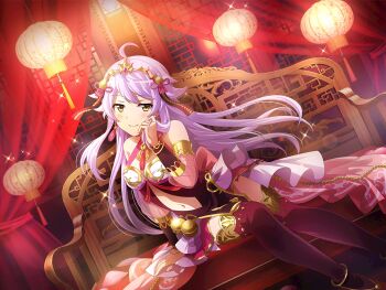 Rule 34 | 1girl, ahoge, bell, closed mouth, clothing cutout, cosplay, couch, detached sleeves, diao chan (real life), diao chan (real life) (cosplay), earrings, game cg, hand up, headpiece, holding, holding own hair, jewelry, jingle bell, lantern, looking at viewer, navel, navel cutout, official art, on couch, otonashi ichie, paper lantern, purple hair, red thighhighs, romance of the three kingdoms, see-through clothes, see-through sleeves, shoujo kageki revue starlight, shoujo kageki revue starlight -re live-, sitting, smile, smug, solo, thighhighs, upper body, yellow eyes