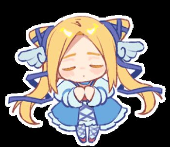 1girl animated animated_gif artist_request beatrice_porhnari_(hell_maiden) belt blue_dress blue_ribbon chibi closed_eyes cone_hair_bun dress hair_bun hair_ribbon head_wings heart hell_maiden juliet_sleeves long_sleeves lowres official_art parted_bangs parted_lips puffy_sleeves red_belt red_shoes ribbon shoes sidelocks solo white_sleeves wings