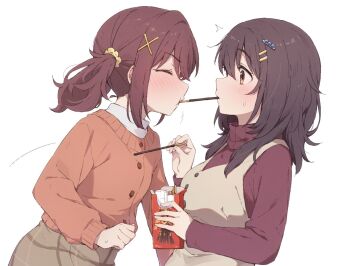 Rule 34 | 2girls, blush, brown eyes, brown hair, brown skirt, cardigan, cohiyuri, commentary, dress, food, furutachi kurea, grey dress, hibi wa sugiredo meshi umashi, kawai mako, long hair, multiple girls, orange cardigan, pocky, pocky day, pocky kiss, red sweater, shared food, simple background, skirt, sweat, sweater, twintails, white background, yuri