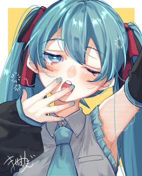 1girl absurdres aqua_eyes aqua_hair aqua_nails aqua_necktie aqua_trim arm_up armpits black_ribbon blush breasts collared_shirt detached_sleeves grey_shirt hair_between_eyes hair_ornament hair_ribbon half-closed_eye hatsune_miku highres loading_icon long_hair looking_at_viewer mai_mugi medium_breasts necktie one_eye_closed open_mouth ribbon shirt sleepy solo twintails upper_body very_long_hair vocaloid yawning