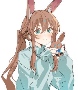 1girl alternate_costume amiya_(arknights) animal_ear_fluff animal_ears aqua_eyes aqua_sweater arknights blush brown_hair character_doll closed_mouth doll extra_ears hands_up highres holding holding_doll light_smile long_hair long_sleeves looking_at_viewer rabbit_ears rabbit_girl rep120105 simple_background solo stuffed_toy sweater upper_body white_background