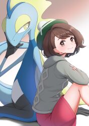 Rule 34 | 1girl, absurdres, brown eyes, brown hair, cardigan, closed mouth, commentary request, creatures (company), dress, from side, game freak, gen 8 pokemon, gloria (pokemon), green hat, grey cardigan, hat, highres, hood, hood down, hooded cardigan, inteleon, looking at viewer, mochitaro (mothitaroo), nintendo, pink dress, pokemon, pokemon (creature), pokemon swsh, short hair, sitting, smile, tam o&#039; shanter