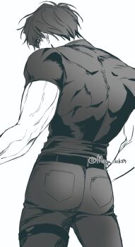 1boy ass ass_focus black_hair black_shirt contrapposto cowboy_shot crew_neck from_behind hand_on_own_hip highres maga_mok23 male_focus muscular muscular_male omniscient_reader&#039;s_viewpoint out_of_frame outstretched_arm shirt short_hair solo tight_clothes tight_shirt yoo_joonghyuk