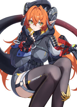 1girl absurdres asymmetrical_gloves black_horns black_thighhighs breasts dragon_girl dragon_horns dress fingerless_gloves gloves highres horns kazezz knees_up large_breasts long_hair looking_at_viewer magus_(zenless_zone_zero) mechanical_horns mechanical_tail mismatched_gloves orange_hair orange_pupils orphie_magnusson single_fingerless_glove solo tail thighhighs white_background yellow_gloves zenless_zone_zero zipper_dress