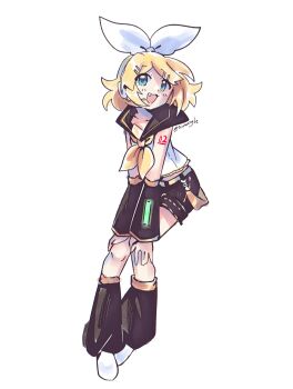 Rule 34 | 1girl, :3, :d, absurdres, aqua eyes, arm tattoo, arm warmers, black arm warmers, black leg warmers, black sailor collar, blonde hair, bow, bush, fang, full body, hair bow, hair ornament, hairclip, hands on own knees, highres, kagamine rin, leg warmers, neckerchief, nicmangle, open mouth, sailor collar, sailor shirt, shirt, shoes, simple background, smile, solo, tattoo, vocaloid, white background, white bow, white shirt, white shoes, yellow neckerchief