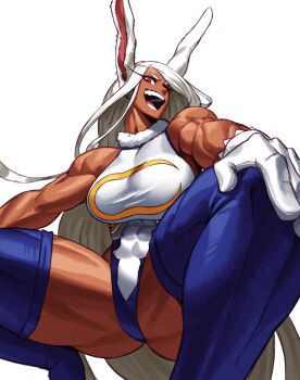 1girl abs absurdres animal_ears boku_no_hero_academia breasts dark-skinned_female dark_skin gloves hand_on_own_knee highres large_breasts leotard long_hair looking_at_viewer looking_down low_angle mirko muscular muscular_female open_mouth rabbit_ears red_eyes simple_background solo sotcho squatting teeth thick_thighs thighhighs thighs white_background white_gloves white_hair