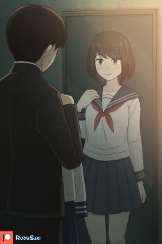 1boy 1girl artist_name black_eyes black_jacket black_pants blue_sailor_collar blue_skirt brown_hair commentary cowboy_shot different_reflection dual_persona english_commentary gakuran genderswap genderswap_(mtf) hand_up highres holding holding_unworn_clothes indoors jacket long_sleeves looking_at_mirror medium_hair mirror neckerchief original pants patreon_logo patreon_username pleated_skirt red_neckerchief reflection reflection_focus rudy_saki sailor_collar school_uniform serafuku shirt short_hair skirt unworn_shirt unworn_skirt white_shirt
