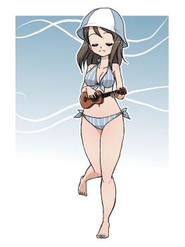 1girl alternate_costume barefoot bikini blue_bikini blush breasts brown_hair cleavage closed_eyes closed_mouth collarbone flip-flops girls_und_panzer grey_footwear holding holding_instrument holding_ukulele instrument long_hair mika_(girls_und_panzer) music official_alternate_costume playing_instrument sandals side-tie_bikini_bottom striped_bikini striped_clothes striped_hat swimsuit takahashi_kurage ukulele vertical-striped_bikini vertical-striped_clothes