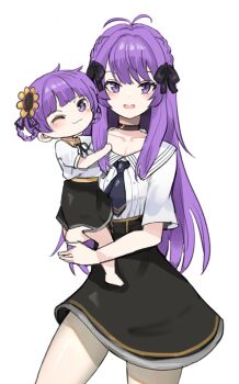 Rule 34 | 2girls, antenna hair, black bow, black choker, black skirt, bow, carrying, carrying person, choker, collarbone, collared shirt, cowboy shot, flower, hair bow, hair rings, han ma53, high-waist skirt, indie virtual youtuber, long hair, looking at viewer, mother and daughter, multiple girls, one eye closed, open mouth, otsuka ray, purple eyes, purple hair, reika (otsuka ray), sailor collar, shirt, short hair, simple background, skirt, solo, sunflower, virtual youtuber, white background, white shirt