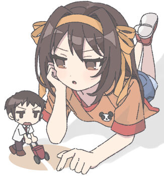 Rule 34 | 1boy, 1girl, aged down, blue shorts, brown eyes, brown hair, brown pants, casual, chibi, chibi inset, collared shirt, denim, denim shorts, giant, giantess, hair ribbon, hairband, kita high school uniform, kyon, long hair, looking at another, lying, nanonome, necktie, on stomach, orange shirt, pants, red footwear, red necktie, ribbon, school uniform, shirt, shoes, short sleeves, shorts, simple background, size difference, summer uniform, suzumiya haruhi, suzumiya haruhi (young), suzumiya haruhi no yuuutsu, sweatdrop, the pose, white background, white shirt, yellow hairband, yellow ribbon
