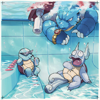 air_bubble angry arm_support blastoise border bubble cannon claws commentary_request constricted_pupils cup drinking_glass drinking_straw evolutionary_line fangs gen_1_pokemon head_rest highres holding holding_cup how_long nintendo no_humans open_mouth pokemon pokemon_(creature) pool sitting squirtle sunglasses triangular_eyewear turtle underwater wartortle watch white_border wide-eyed wristwatch