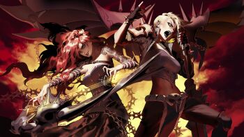 2girls alternate_costume alternate_hairstyle bracelet dress floating floating_object goth_fashion gothic harp heavy_metal highres instrument jewelry kayle_(league_of_legends) league_of_legends metal_wings multiple_girls navel official_art pentakill pentakill_(league_of_legends) pentakill_kayle pentakill_sona punkish_gothic red_sky shilin sky sleeveless sleeveless_dress sona_(league_of_legends) spiked_bracelet spikes