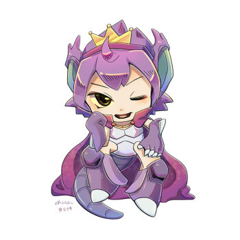 1boy ahoge brown_eyes cape chiuanzhang crown full_body gen_1_pokemon gloves headphones invisible_chair looking_at_viewer nidoking nintendo one_eye_closed open_mouth personification pokedex_number pokemon purple_cape purple_eyes purple_footwear purple_gloves signature simple_background sitting solo white_background