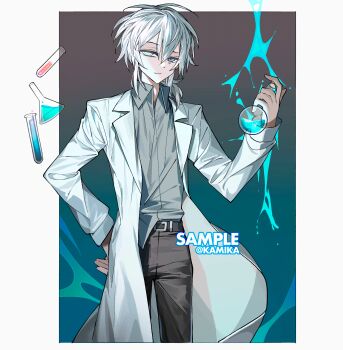 1boy absurdres academic_test accents anime_coloring beaker belt button-up cowboy_shot dark effect flask floating glowing gradient_background grey_shirt hair_between_eyes highres holding holding_flask kamika lab_coat laboratory liquid male_focus messy_hair original pants scientist sharp sharp_eyes shirt slight smirk splashing standing test_tube tube white_hair