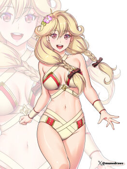 1girl alternate_costume bikini blonde_hair bow braid breasts brown_bow brown_eyes commentary commission english_commentary etchimune faye_(fire_emblem) fire_emblem fire_emblem_echoes:_shadows_of_valentia flower hair_bow hair_flower hair_ornament light_blush long_hair looking_at_viewer medium_breasts multi-strapped_bikini_bottom multi-strapped_bikini_top navel nintendo open_mouth pink_bikini pink_flower smile solo swimsuit twin_braids twitter_username zoom_layer