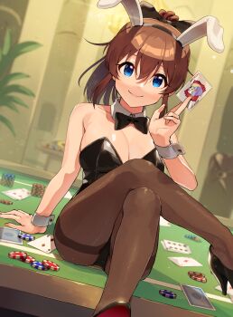 1girl animal_ear_hairband animal_ears arm_support black_bow black_bowtie black_leotard black_shoes blue_eyes bow bowtie breasts brown_hair brown_pantyhose bunny_day card casino_card_table cleavage crossed_legs detached_collar dutch_angle fake_animal_ears fingernails hairband high_heels highres holding holding_card honeycomb_(pattern) idolmaster idolmaster_million_live! indoors kamille_(vcx68) leotard looking_at_viewer medium_breasts on_table pantyhose playboy_bunny playing_card poker_chip ponytail rabbit_ear_hairband rabbit_ears satake_minako shoes sitting smile solo strapless strapless_leotard table thighband_pantyhose wrist_cuffs