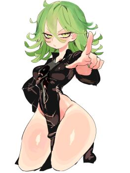 Rule 34 | 1girl, black dress, breasts, commentary request, cropped legs, double-parted bangs, dress, green eyes, green hair, groin, hair between eyes, hand up, highres, long sleeves, looking at viewer, no panties, one-punch man, parted lips, pelvic curtain, pointing, pointing at viewer, short hair, simple background, small breasts, solo, tatsumaki, thick thighs, thighs, usa37107692, white background