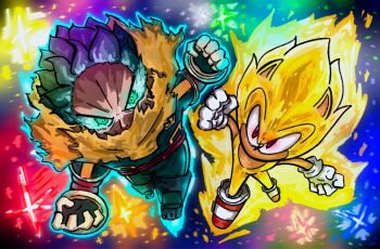 Rule 34 | boku no hero academia, bones (company), cape, flying, formal clothes, gloves, gokaicaio, gold fur, gold hair, green eyes, green hair, messy hair, midoriya izuku, punching, red eyes, sega, shoes, shounen jump, socks, sonic (series), sonic the hedgehog, spiked hair, suit, super sonic, superhero costume