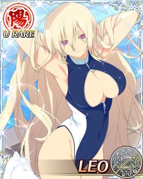 1girl adjusting_hair aquarius_(symbol) aries_(symbol) armpits arms_behind_head blonde_hair blue_one-piece_swimsuit breasts cancer_(symbol) capricorn_(symbol) card_(medium) character_name cleavage covered_navel dodecagram gemini_(symbol) groin hair_between_eyes large_breasts lens_flare leo_(senran_kagura) leo_(symbol) libra_(symbol) light_frown long_hair looking_at_viewer navel official_art one-piece_swimsuit pisces_(symbol) pool poolside purple_eyes sagittarius_(symbol) school_emblem scorpio_(symbol) senran_kagura senran_kagura_new_wave shiny_skin solo sparkle standing swimsuit taurus_(symbol) tile_floor tiles towel two-tone_one-piece_swimsuit very_long_hair virgo_(symbol) water wet white_one-piece_swimsuit zipper zodiac_wheel