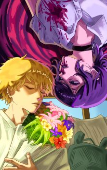 1boy 1girl black_choker blonde_hair blood blood_from_mouth blood_on_clothes bouquet chainsaw_man choker closed_eyes closed_mouth denji_(chainsaw_man) flower green_eyes grenade_pin highres holding holding_bouquet imminent_death polo_shirt purple_hair raggumba reze_(chainsaw_man) shirt short_hair spoilers white_shirt