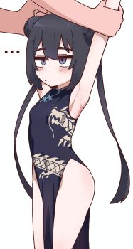 ... 1girl armpits arms_up black_dress black_hair blue_archive blush breasts china_dress chinese_clothes dress grey_eyes hair_bun highres holding_another's_arm kisaki_(blue_archive) koonowen loli no_panties small_breasts twintails white_background