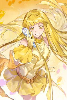 Rule 34 | 1girl, arm at side, back bow, bare shoulders, bead bracelet, beads, blonde hair, blunt bangs, bow, bracelet, circle skirt, coco (idol) (mermaid melody pichi pichi pitch), coco (mermaid melody pichi pichi pitch), covered navel, cowboy shot, dress, earrings, floating hair, frilled dress, frilled gloves, frills, gloves, grin, hand up, highres, holding, holding microphone, holding with gesture, idol, idol clothes, jewelry, light blush, long hair, looking at viewer, magical girl, mermaid melody pichi pichi pitch, microphone, necklace, orange bow, shell, shell necklace, sleeveless, sleeveless dress, smile, solo, turtleneck, turtleneck dress, w, xuchuan, yellow dress, yellow eyes, yellow gloves