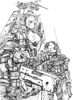 1girl 2others absurdres armor assault_visor blush breasts commentary english_commentary flying_sweatdrops greyscale halo helmet highres mechanical_arms mechanical_halo mechanical_legs monochrome multiple_others nipples original pointing pouch power_armor robot shiokaze1409 simple_background small_breasts
