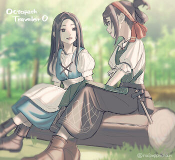 2girls artist_name black_hair blurry blurry_background boots brown_boots brown_hair character_request commentary_request copyright_name dress folded_ponytail highres long_hair looking_at_another multiple_girls nulpoppochan octopath_traveler octopath_traveler_0 open_mouth outdoors ponytail pouch short_sleeves sidelocks sitting sitting_on_log smile stia_(octopath_traveler) teeth twitter_username upper_teeth_only